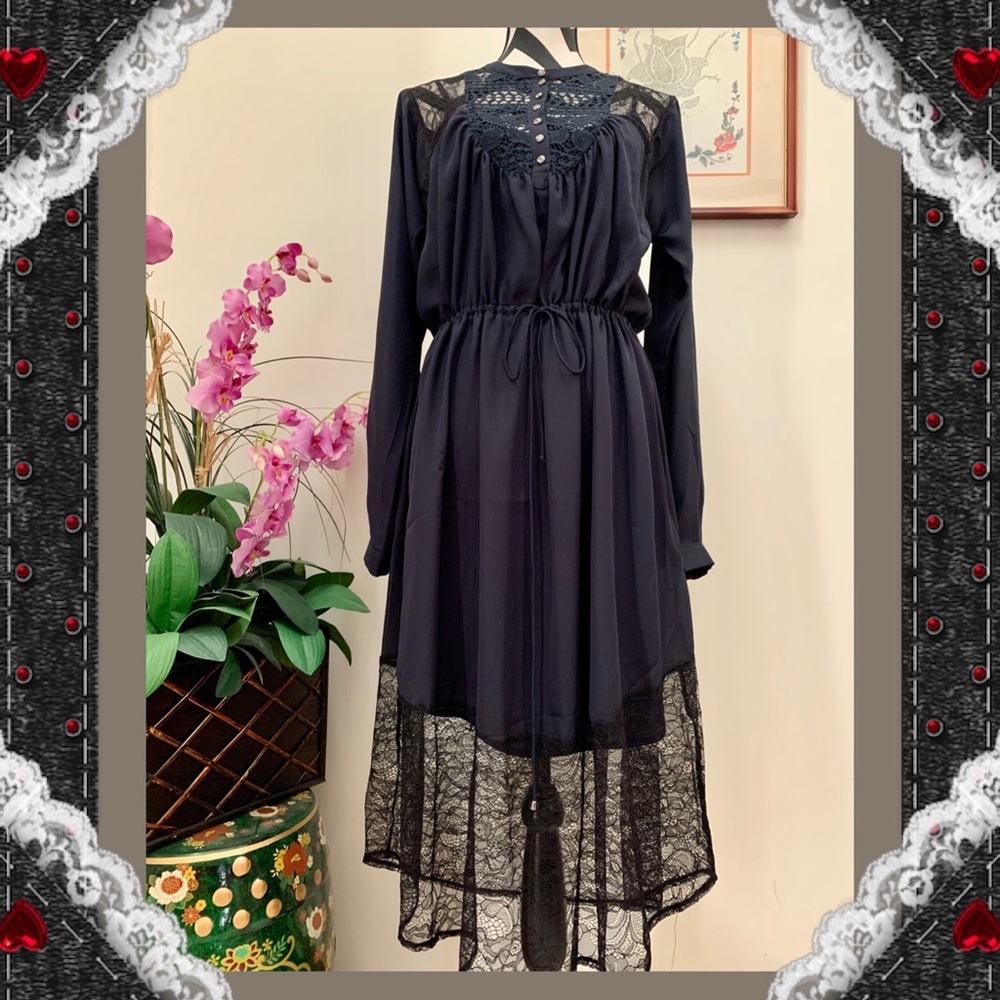 Aryn K Lace Inserted Drawstring-Waist Blue Dress